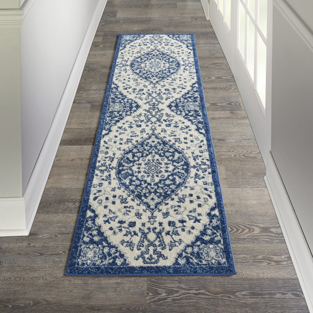 HomeRoots 2' x 8' Ivory and Blue Medallion Runner Rug