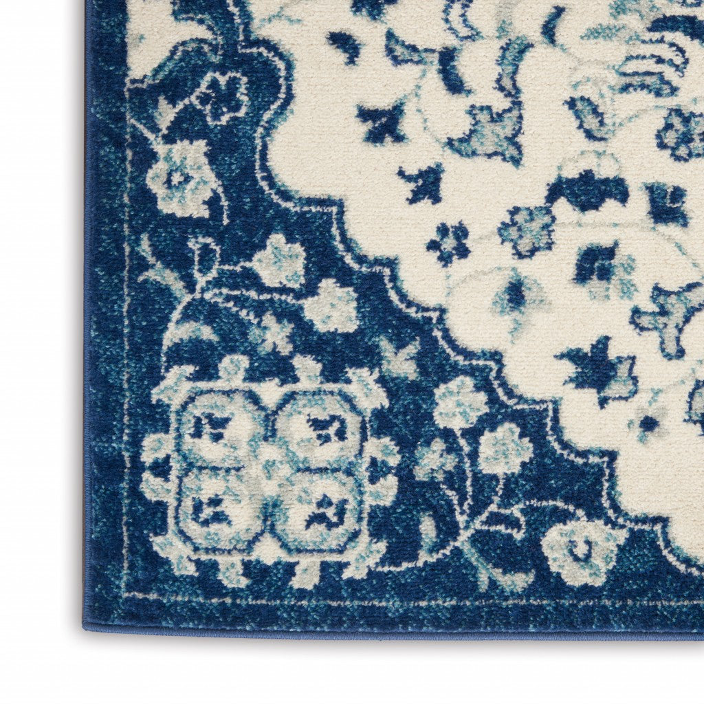 HomeRoots 2' x 8' Ivory and Blue Medallion Runner Rug