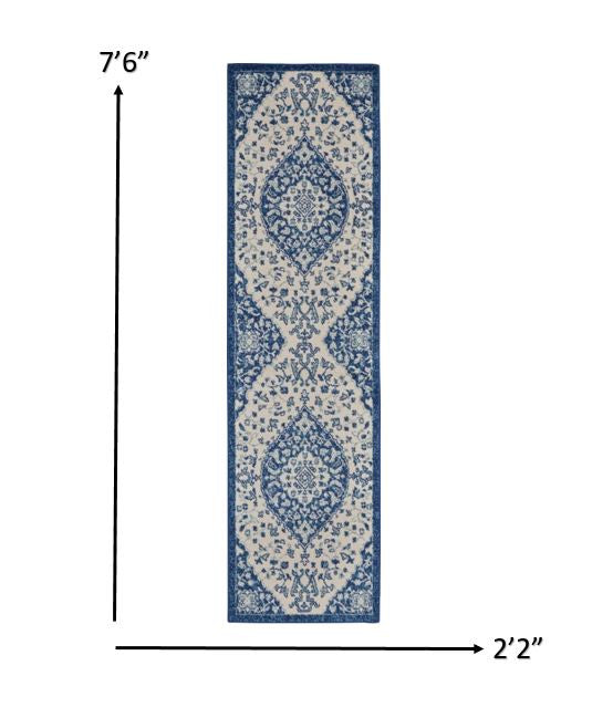 HomeRoots 2' x 8' Ivory and Blue Medallion Runner Rug