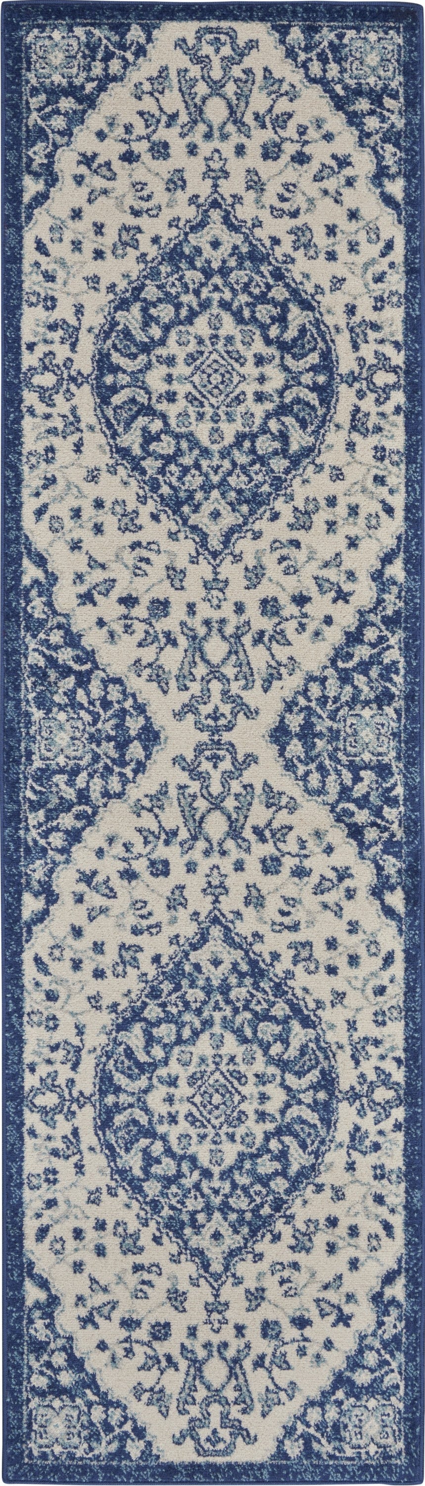 HomeRoots 2' x 8' Ivory and Blue Medallion Runner Rug