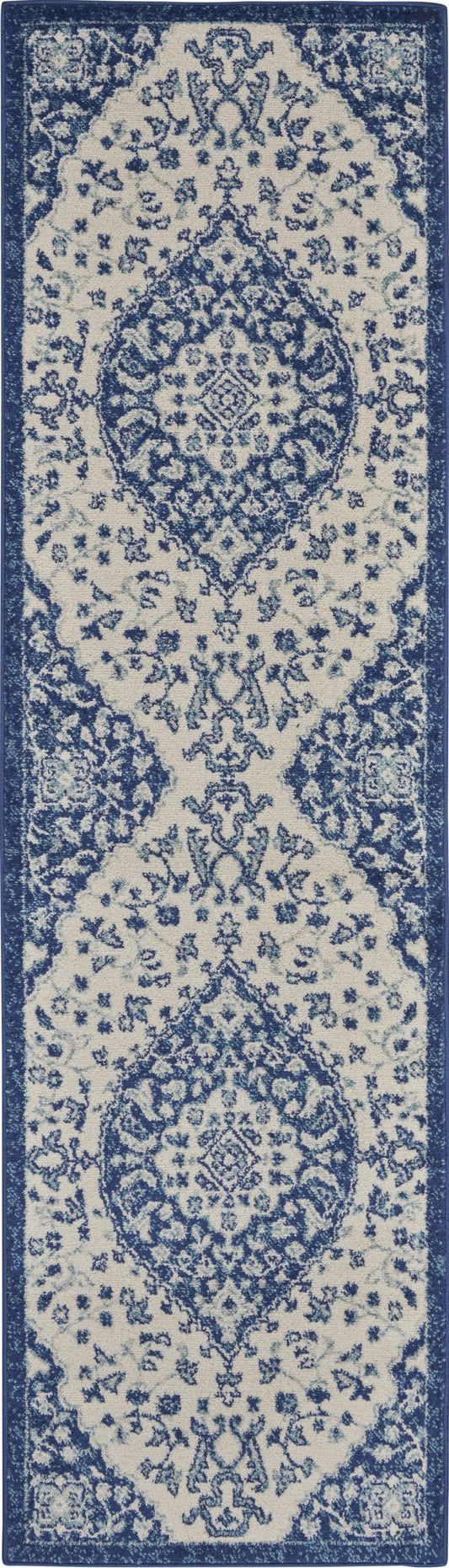 HomeRoots 2' x 8' Ivory and Blue Medallion Runner Rug