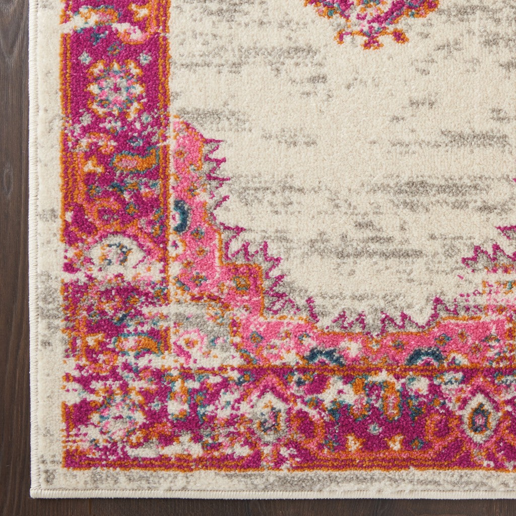 HomeRoots 2' x 8' Ivory and Fuchsia Distressed Runner Rug