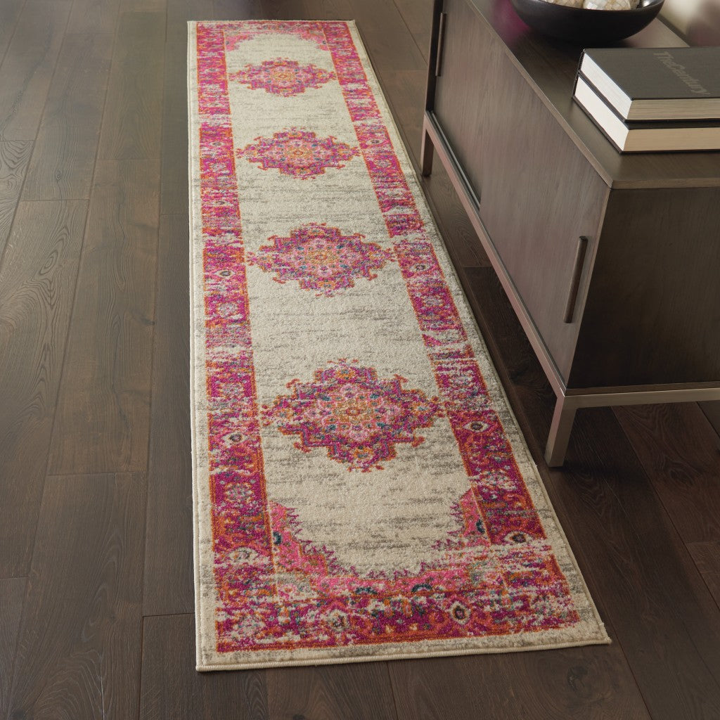 HomeRoots 2' x 8' Ivory and Fuchsia Distressed Runner Rug