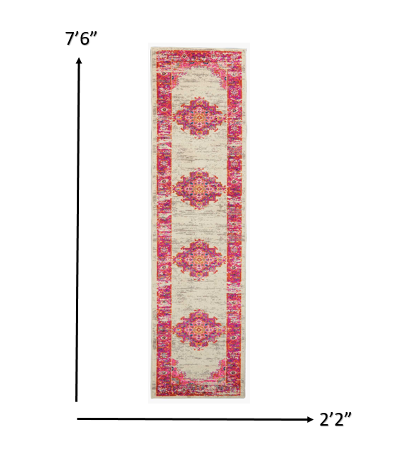 HomeRoots 2' x 8' Ivory and Fuchsia Distressed Runner Rug