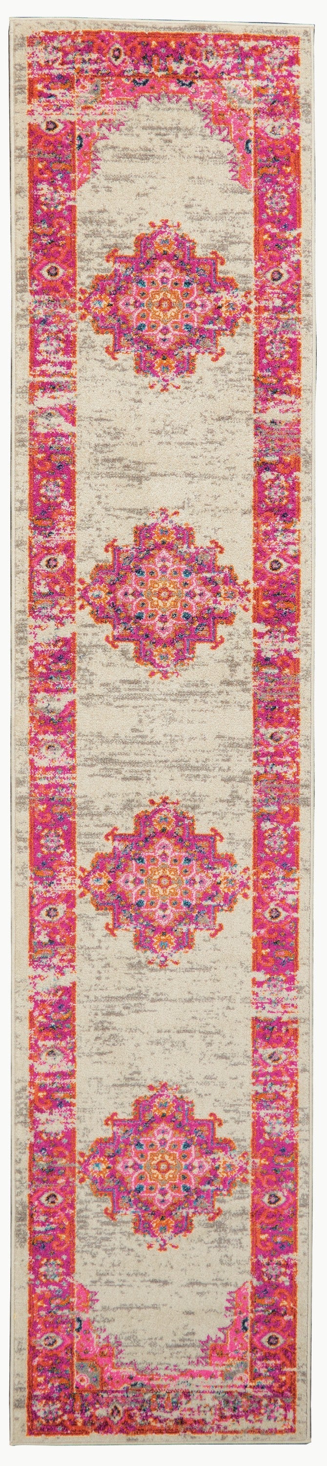 HomeRoots 2' x 8' Ivory and Fuchsia Distressed Runner Rug