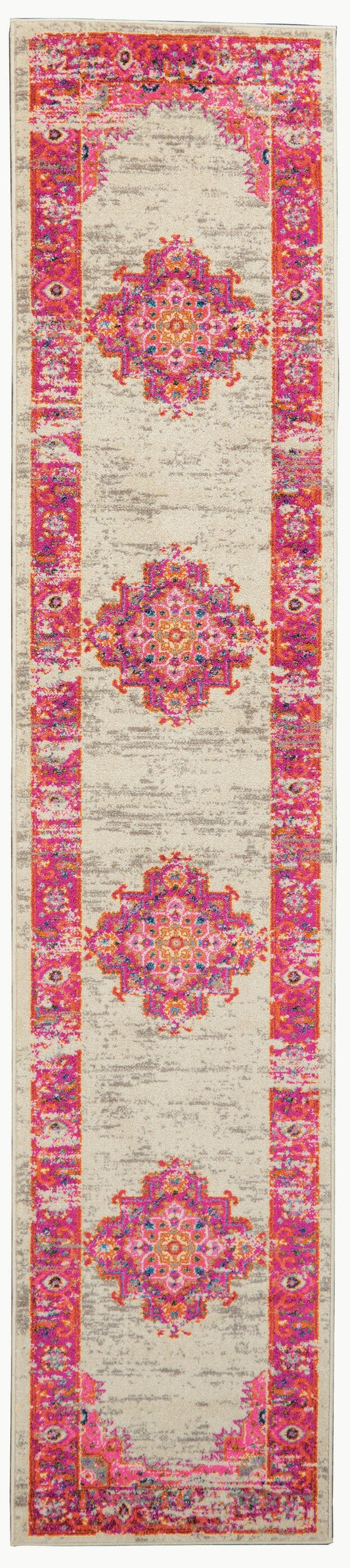 HomeRoots 2' x 8' Ivory and Fuchsia Distressed Runner Rug