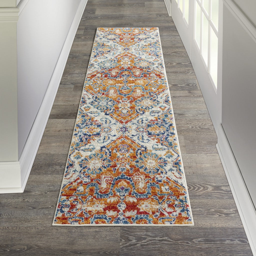 HomeRoots 2' x 8' Ivory and Gold Floral Motif Runner Rug