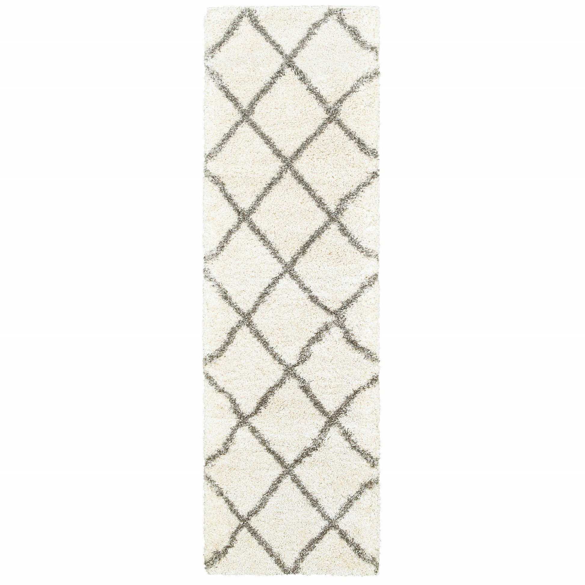 HomeRoots 2' x 8' Ivory and Gray Geometric Lattice Runner Rug