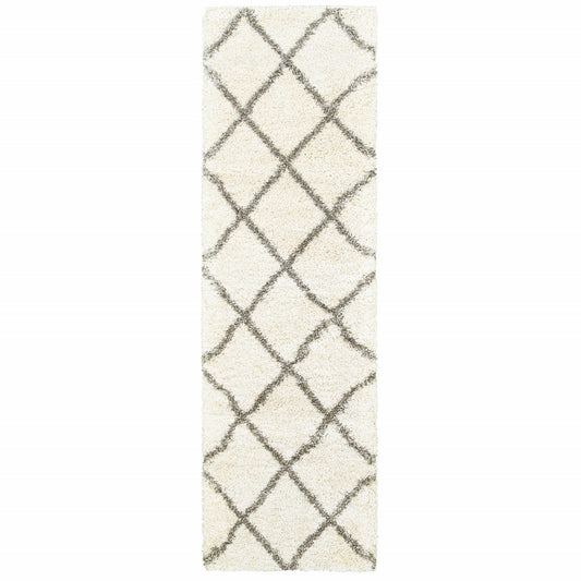 HomeRoots 2' x 8' Ivory and Gray Geometric Lattice Runner Rug