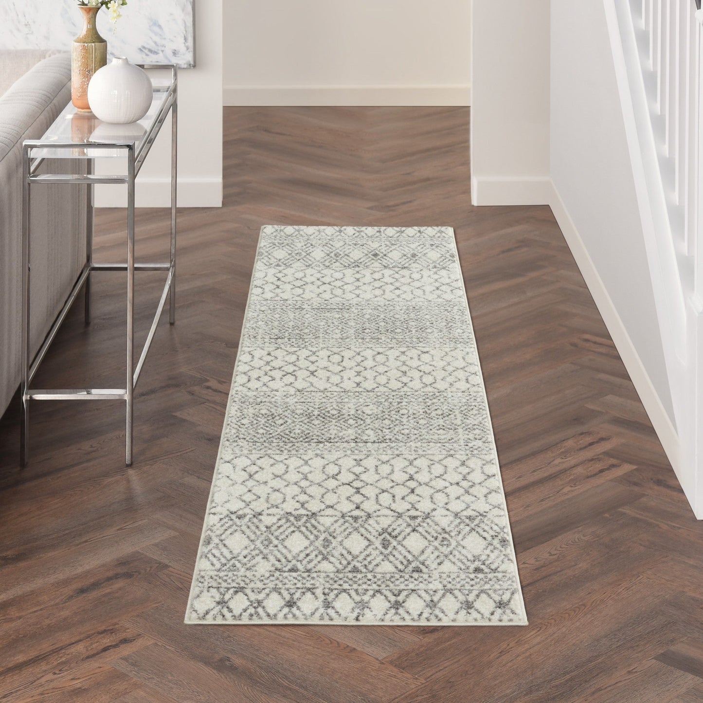 HomeRoots 2' x 8' Ivory and Gray Geometric Runner Rug