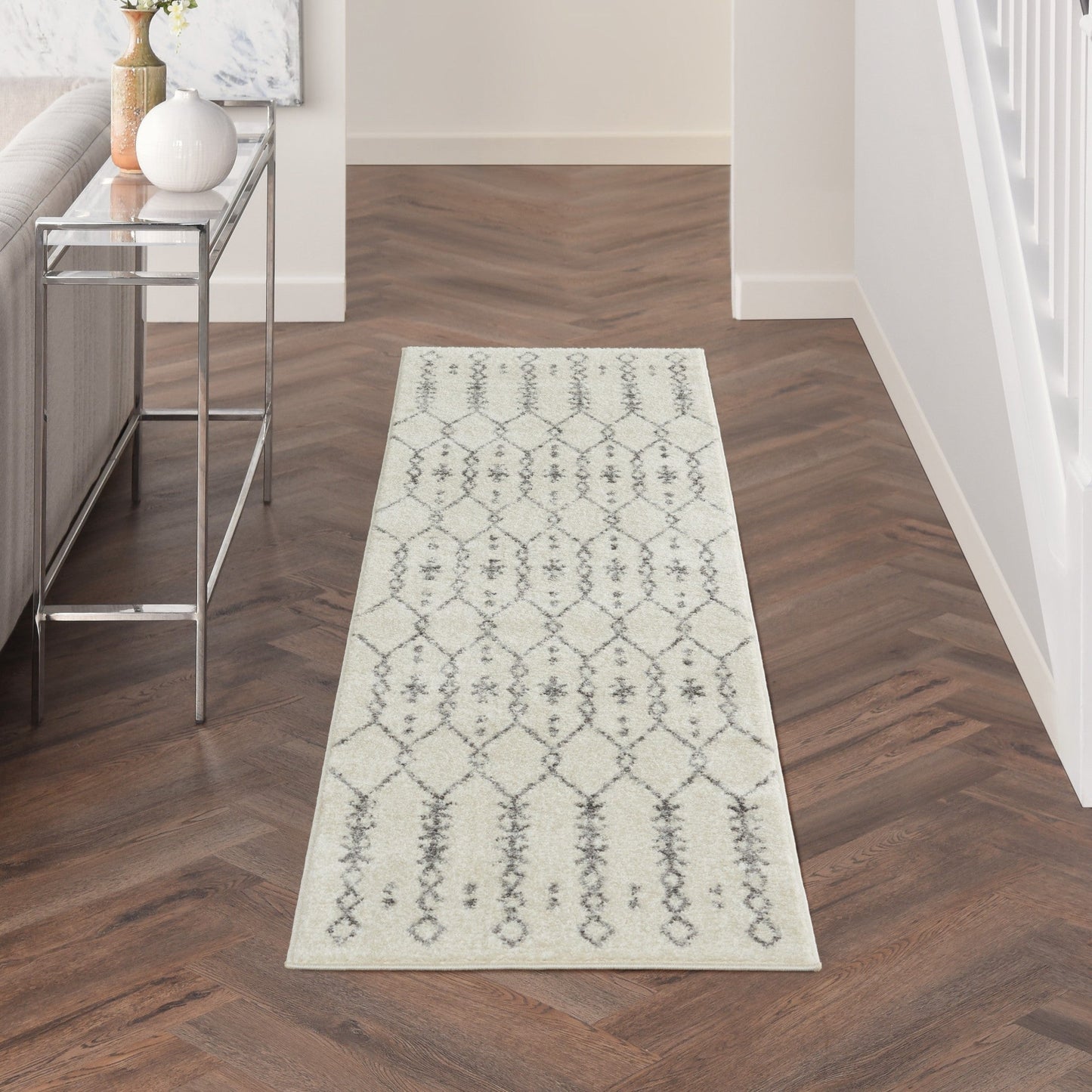 HomeRoots 2' x 8' Ivory and Gray Geometric Runner Rug