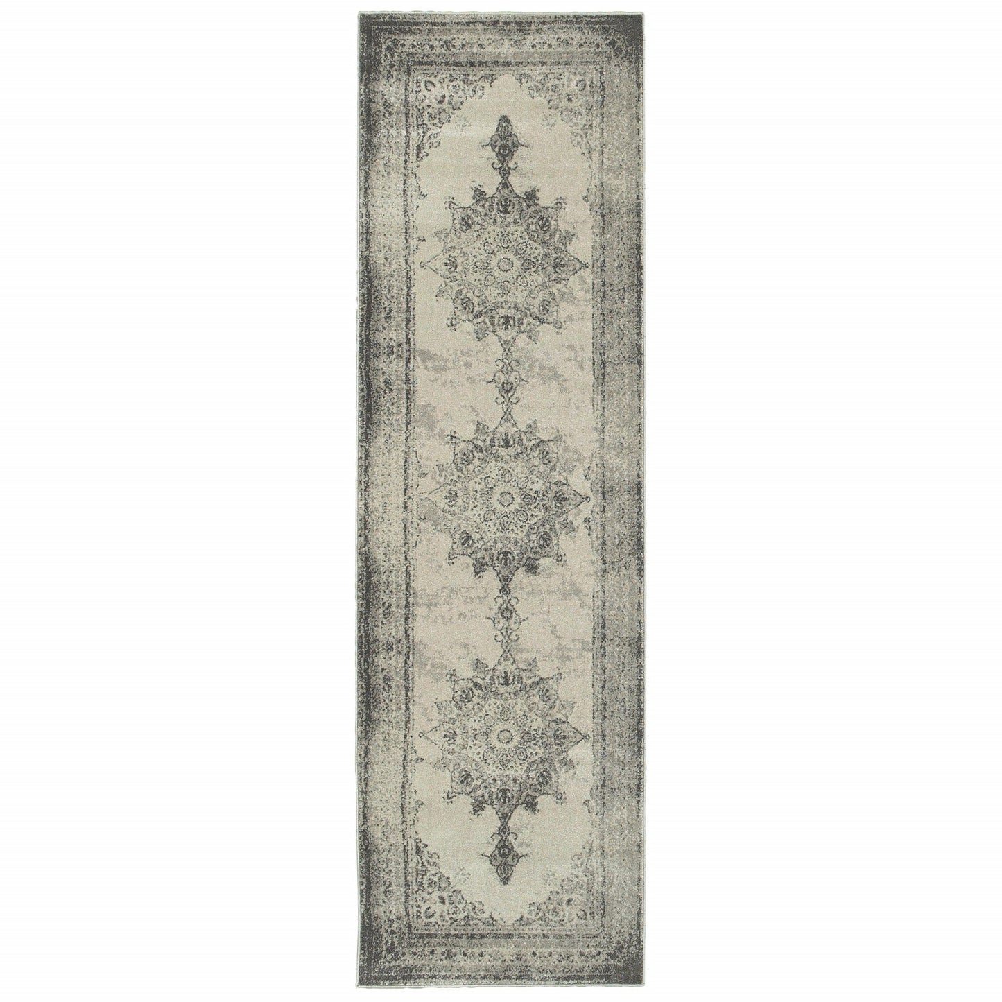 HomeRoots 2' x 8' Ivory and Gray Pale Medallion Runner Rug