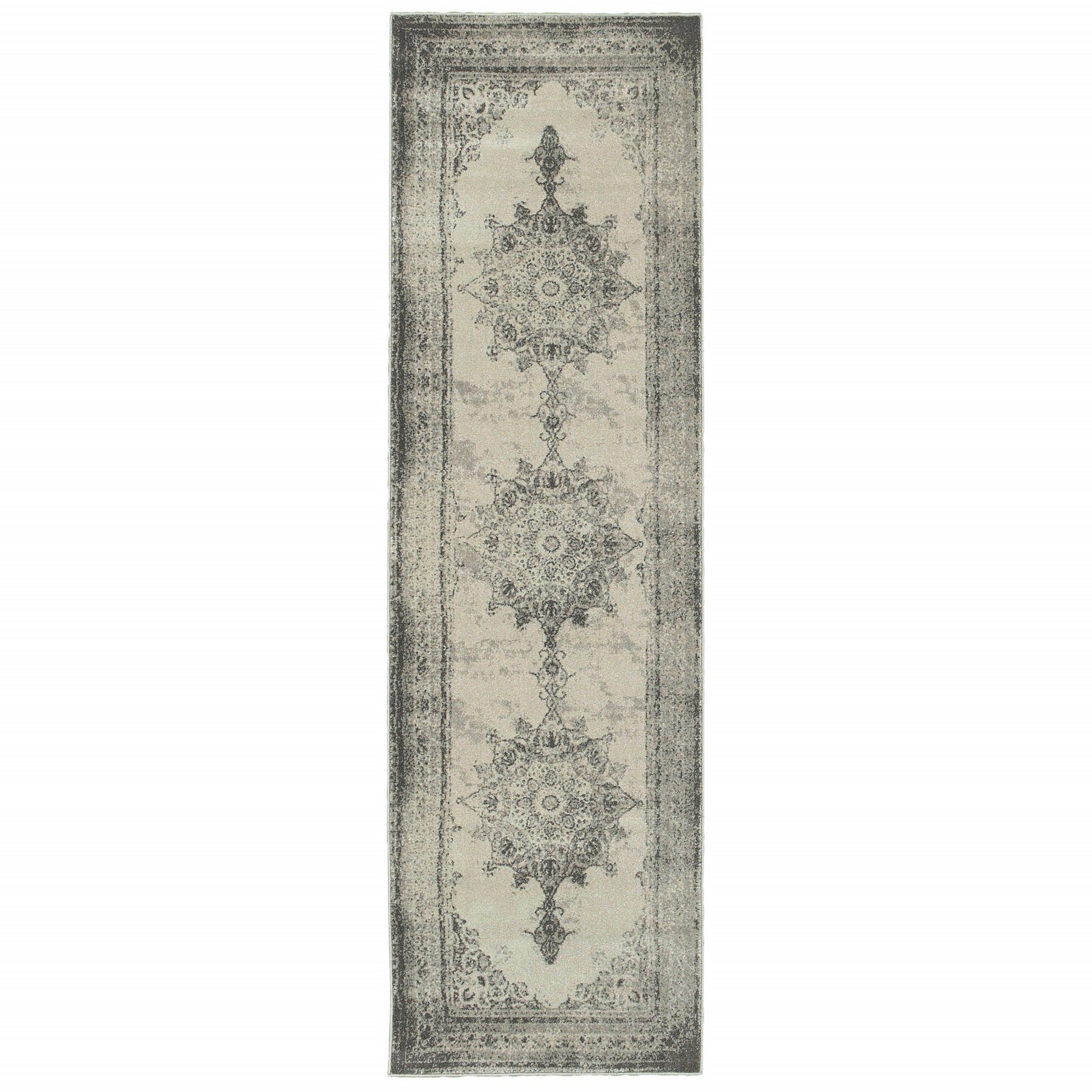 HomeRoots 2' x 8' Ivory and Gray Pale Medallion Runner Rug