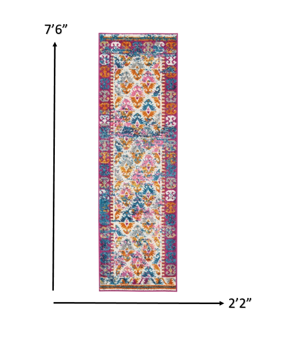 HomeRoots 2' x 8' Ivory and Magenta Tribal Pattern Runner Rug