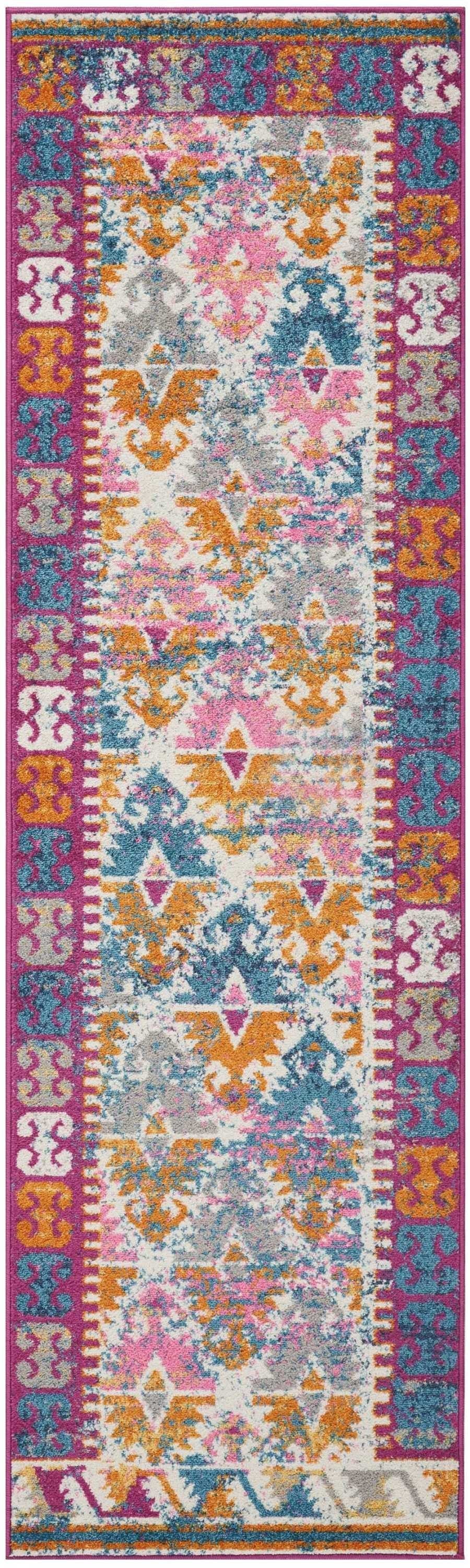 HomeRoots 2' x 8' Ivory and Magenta Tribal Pattern Runner Rug