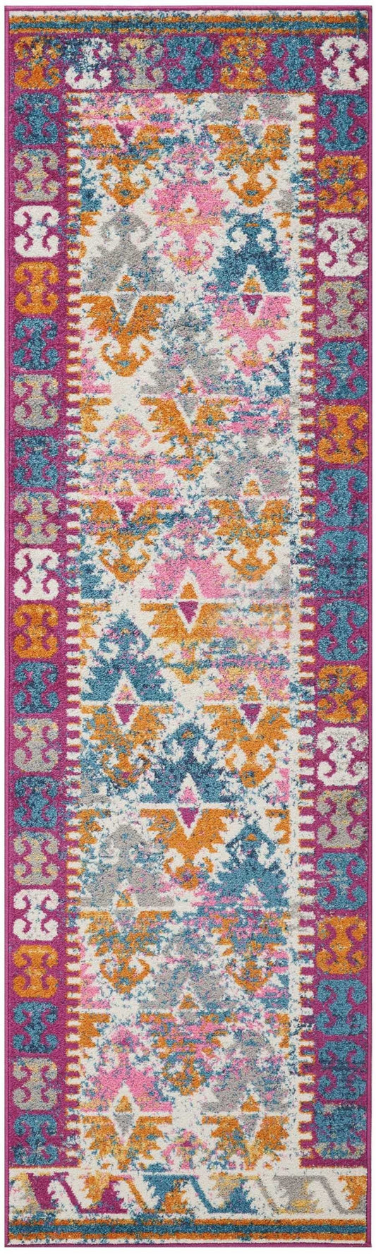 HomeRoots 2' x 8' Ivory and Magenta Tribal Pattern Runner Rug
