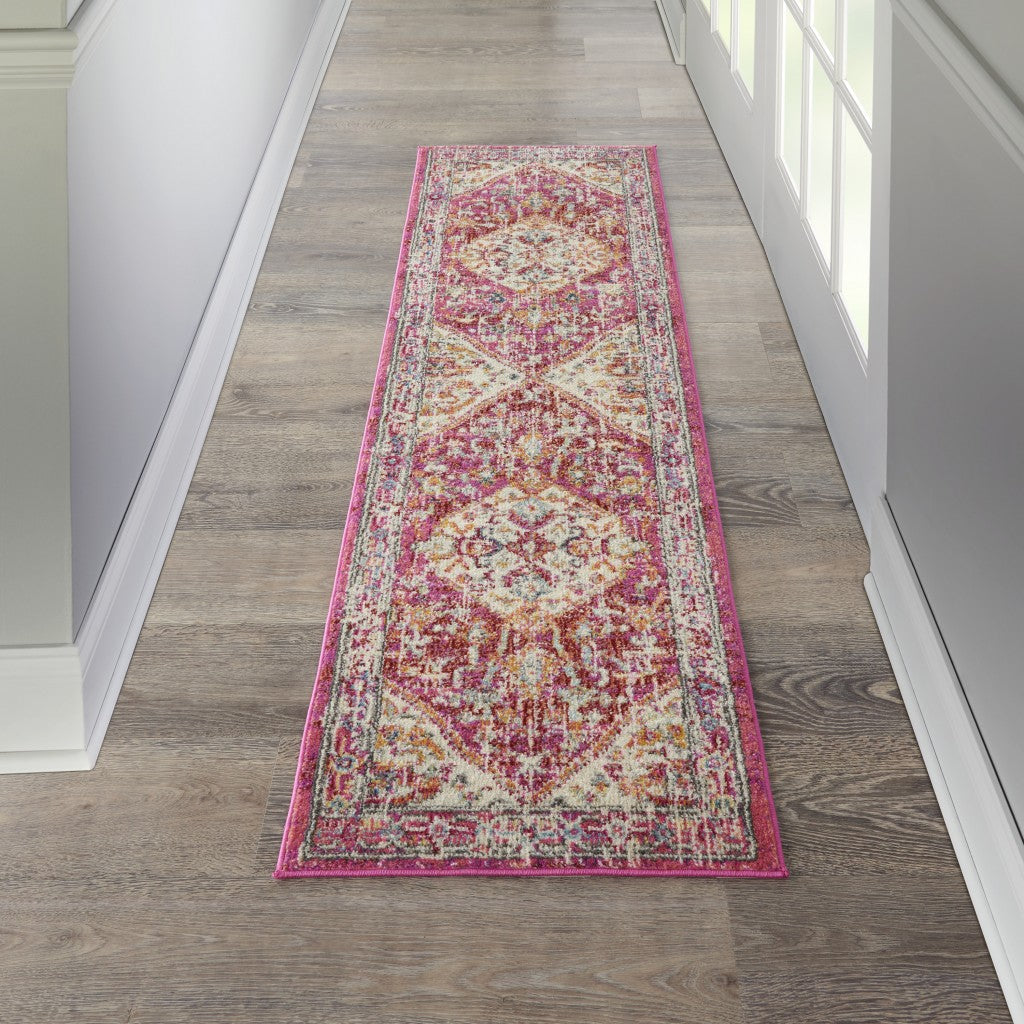 HomeRoots 2' x 8' Ivory and Pink Oriental Runner Rug