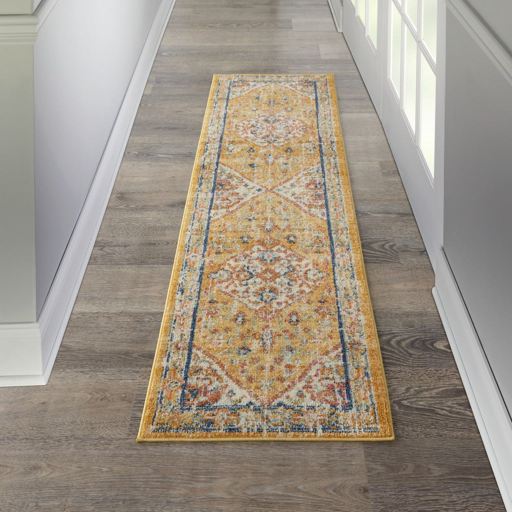 HomeRoots 2' x 8' Ivory and Yellow Center Medallion Runner Rug