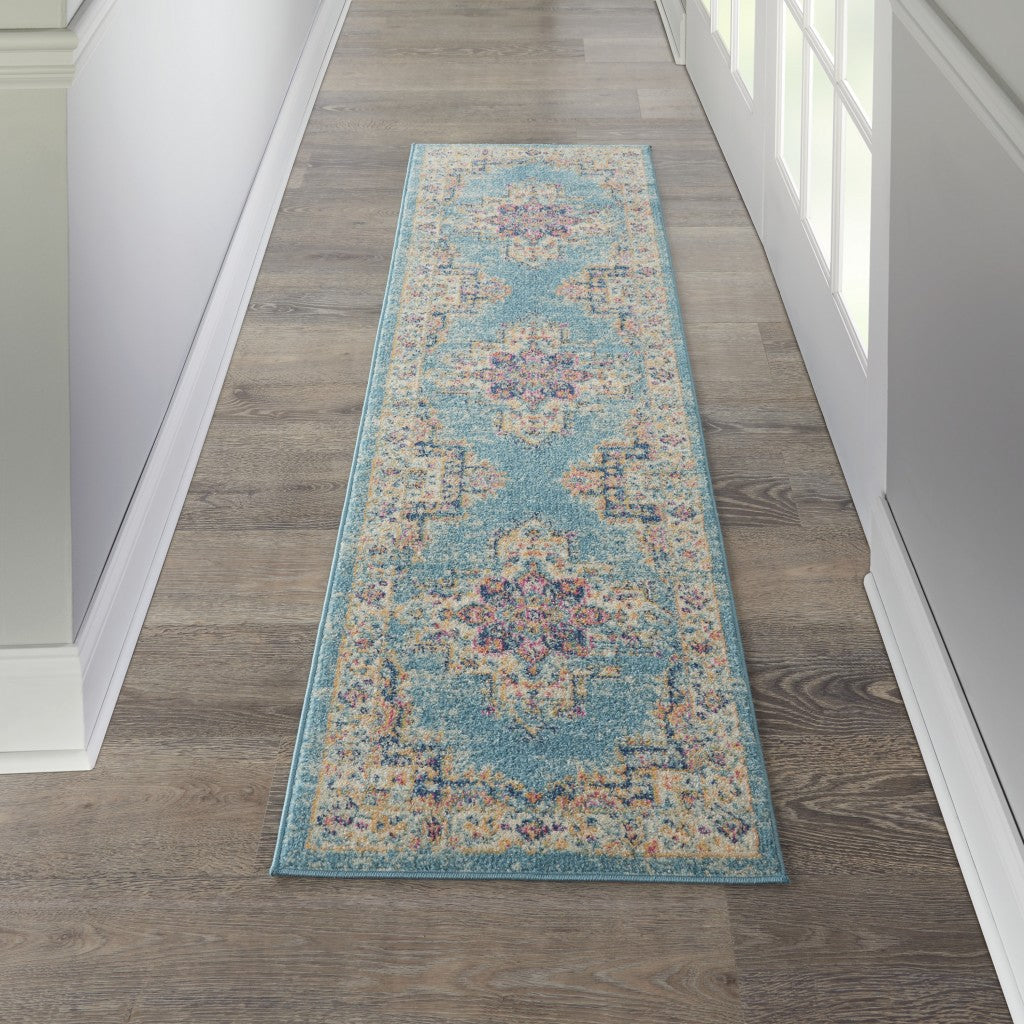 HomeRoots 2' x 8' Light Blue Distressed Medallion Runner Rug