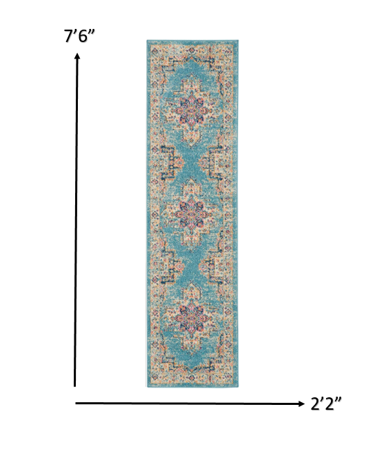 HomeRoots 2' x 8' Light Blue Distressed Medallion Runner Rug
