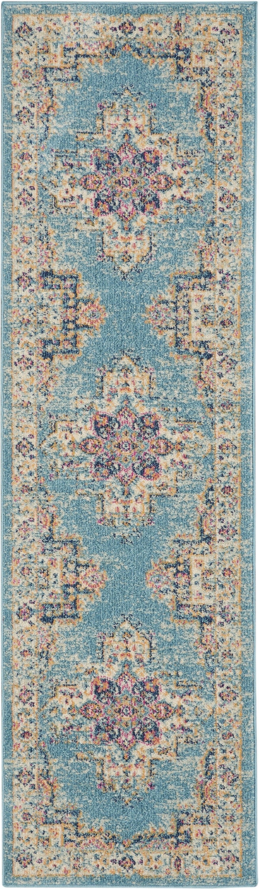 HomeRoots 2' x 8' Light Blue Distressed Medallion Runner Rug