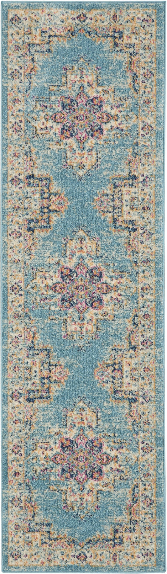 HomeRoots 2' x 8' Light Blue Distressed Medallion Runner Rug