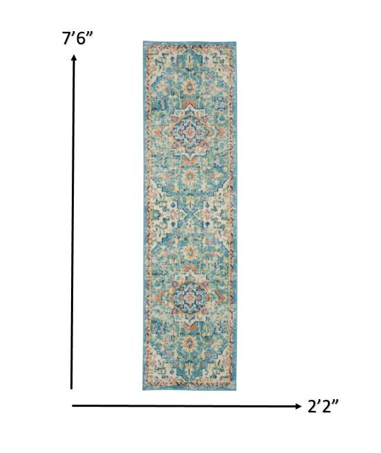 HomeRoots 2’ x 8’ Light Blue and Ivory Distressed Runner Rug