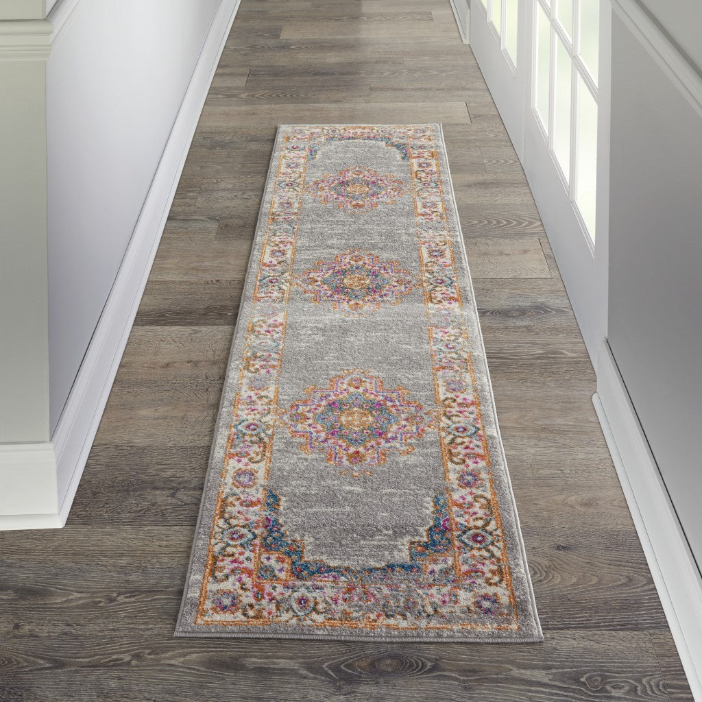 HomeRoots 2’ x 8’ Medallion Runner Rug With Gray and Gold Finish