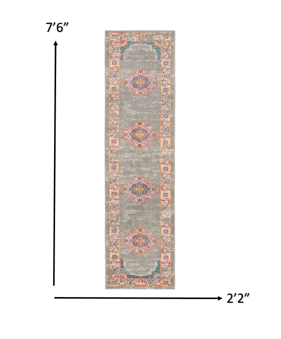 HomeRoots 2’ x 8’ Medallion Runner Rug With Gray and Gold Finish