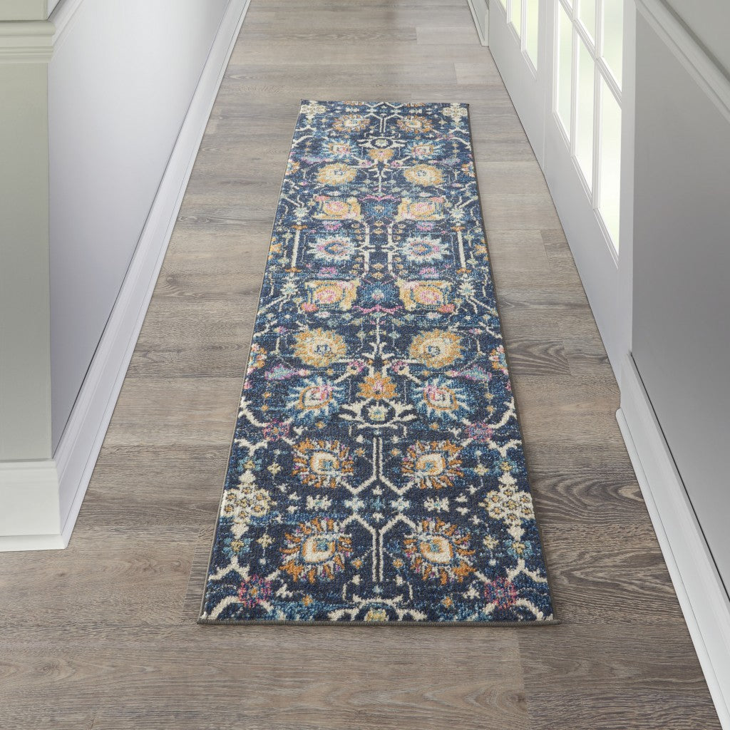 HomeRoots 2' x 8' Navy Blue Floral Buds Runner Rug