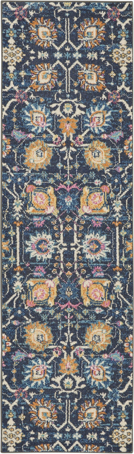 HomeRoots 2' x 8' Navy Blue Floral Buds Runner Rug