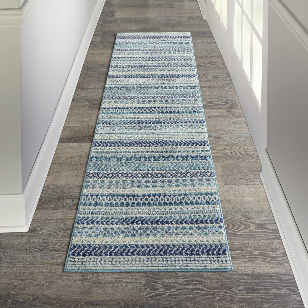 HomeRoots 2’ x 8’ Navy Blue Ornate Stripes Runner Rug