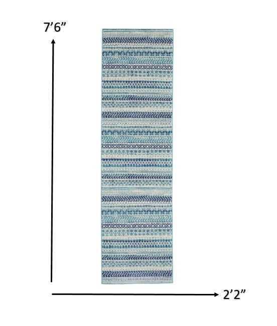 HomeRoots 2’ x 8’ Navy Blue Ornate Stripes Runner Rug