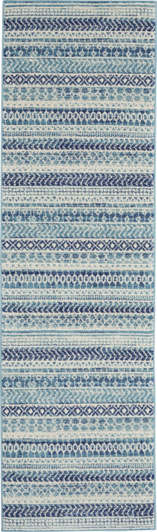 HomeRoots 2’ x 8’ Navy Blue Ornate Stripes Runner Rug