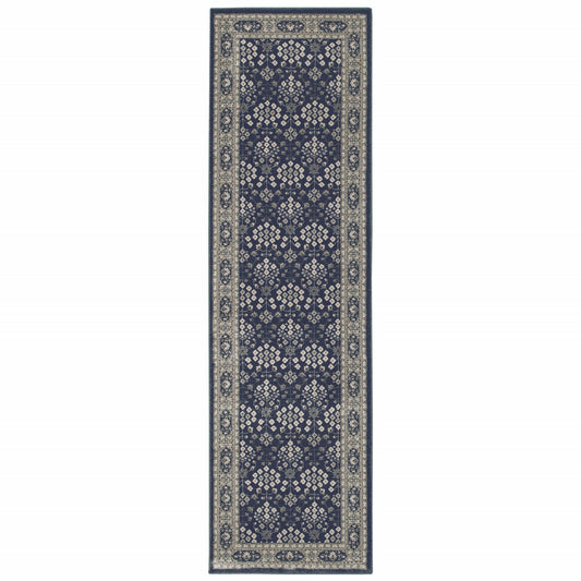 HomeRoots 2' x 8' Navy and Gray Floral Ditsy Runner Rug
