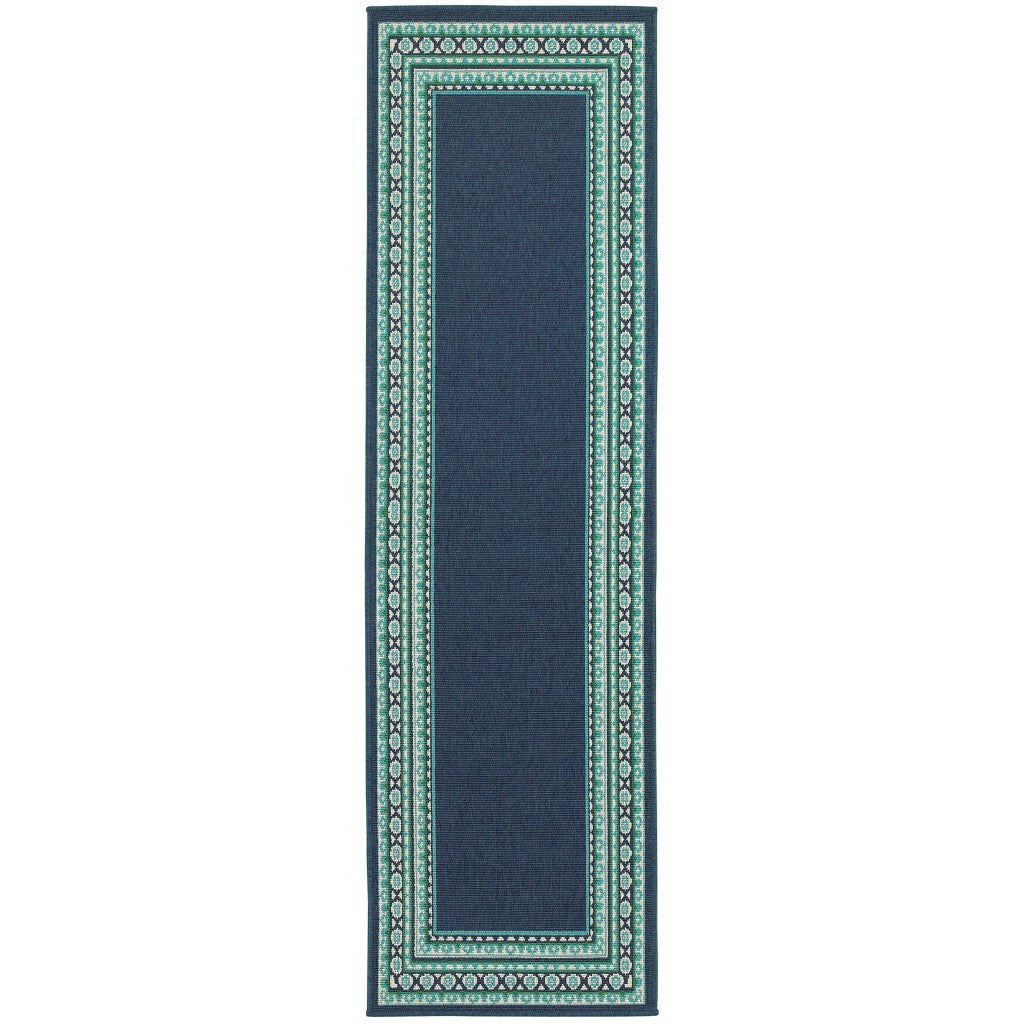HomeRoots 2’ x 8’ Navy and Green Geometric Indoor Outdoor Runner Rug