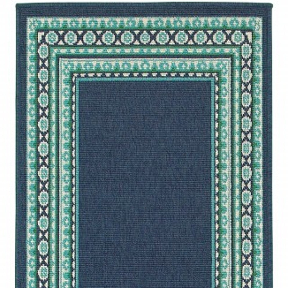 HomeRoots 2’ x 8’ Navy and Green Geometric Indoor Outdoor Runner Rug