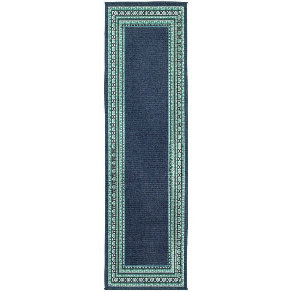 HomeRoots 2’ x 8’ Navy and Green Geometric Indoor Outdoor Runner Rug