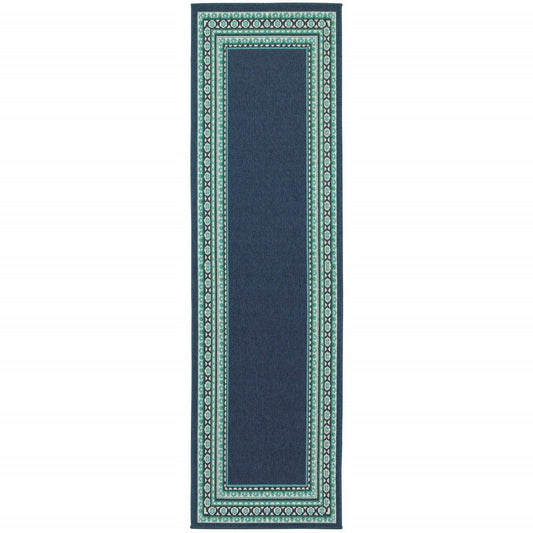 HomeRoots 2’ x 8’ Navy and Green Geometric Indoor Outdoor Runner Rug