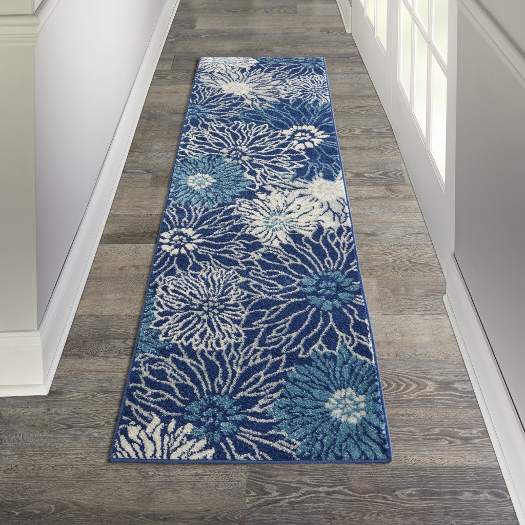HomeRoots 2' x 8' Navy and Ivory Floral Runner Rug