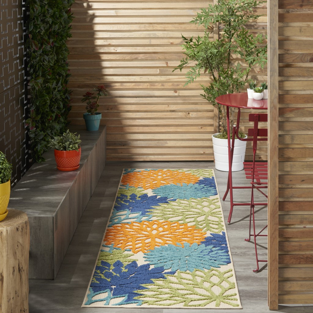 HomeRoots 2’ x 8' Orange Outdoor Runner Rug With Floral Finish