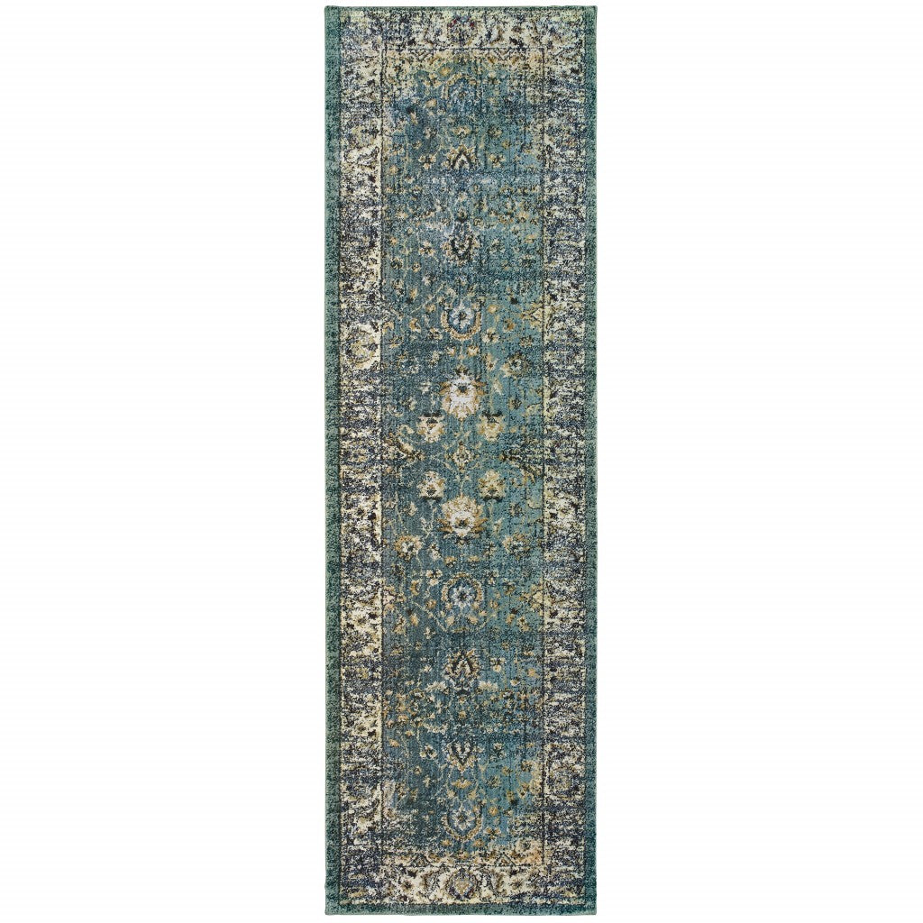 HomeRoots 2' x 8' Peacock Blue and Ivory Indoor Runner Rug