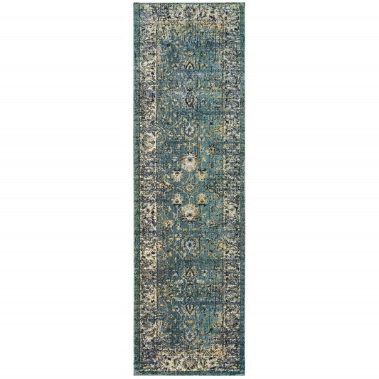 HomeRoots 2' x 8' Peacock Blue and Ivory Indoor Runner Rug
