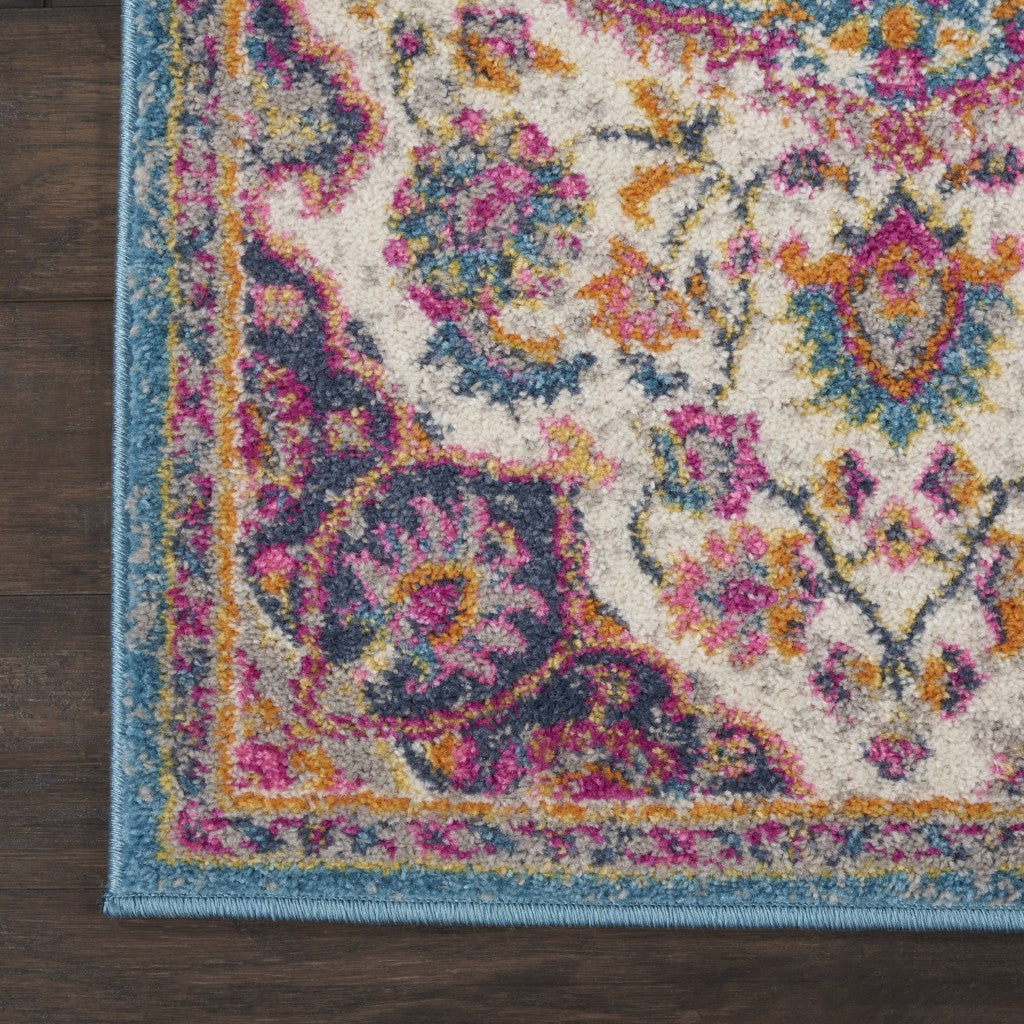 HomeRoots 2' x 8' Pink and Blue Floral Medallion Runner Rug