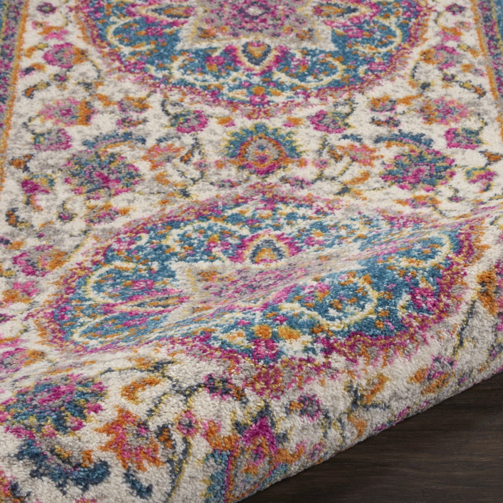 HomeRoots 2' x 8' Pink and Blue Floral Medallion Runner Rug