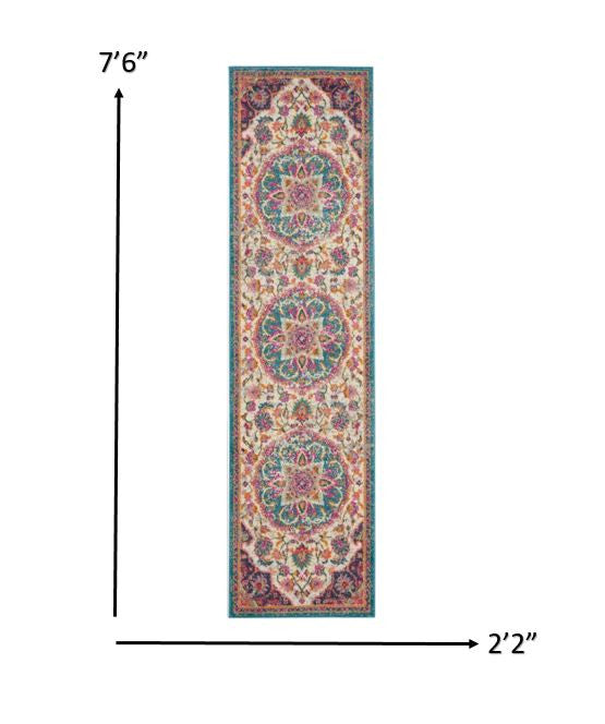 HomeRoots 2' x 8' Pink and Blue Floral Medallion Runner Rug