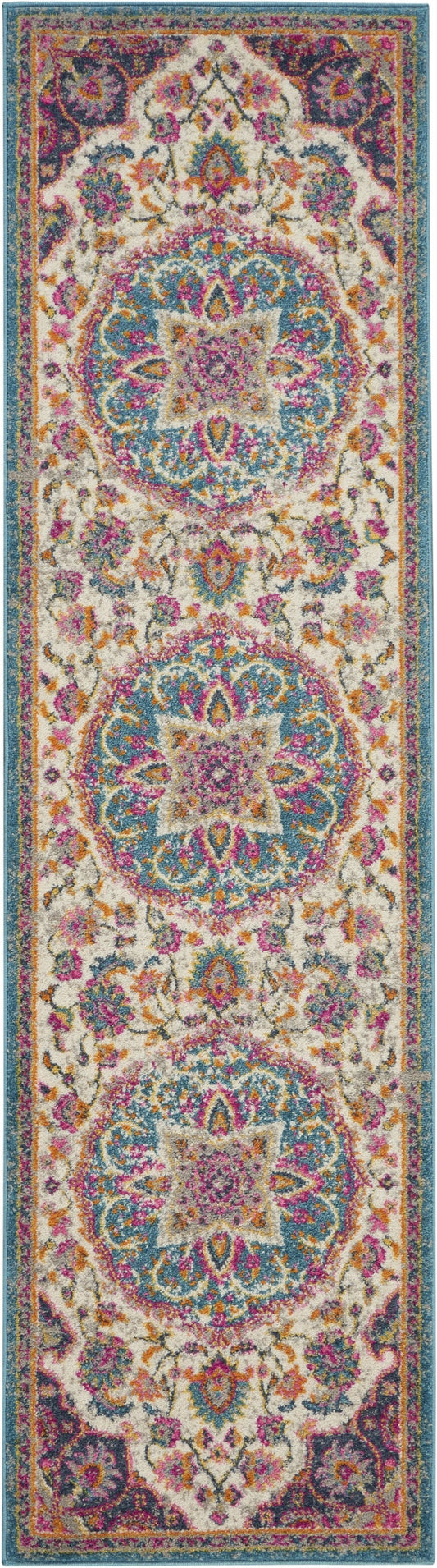 HomeRoots 2' x 8' Pink and Blue Floral Medallion Runner Rug