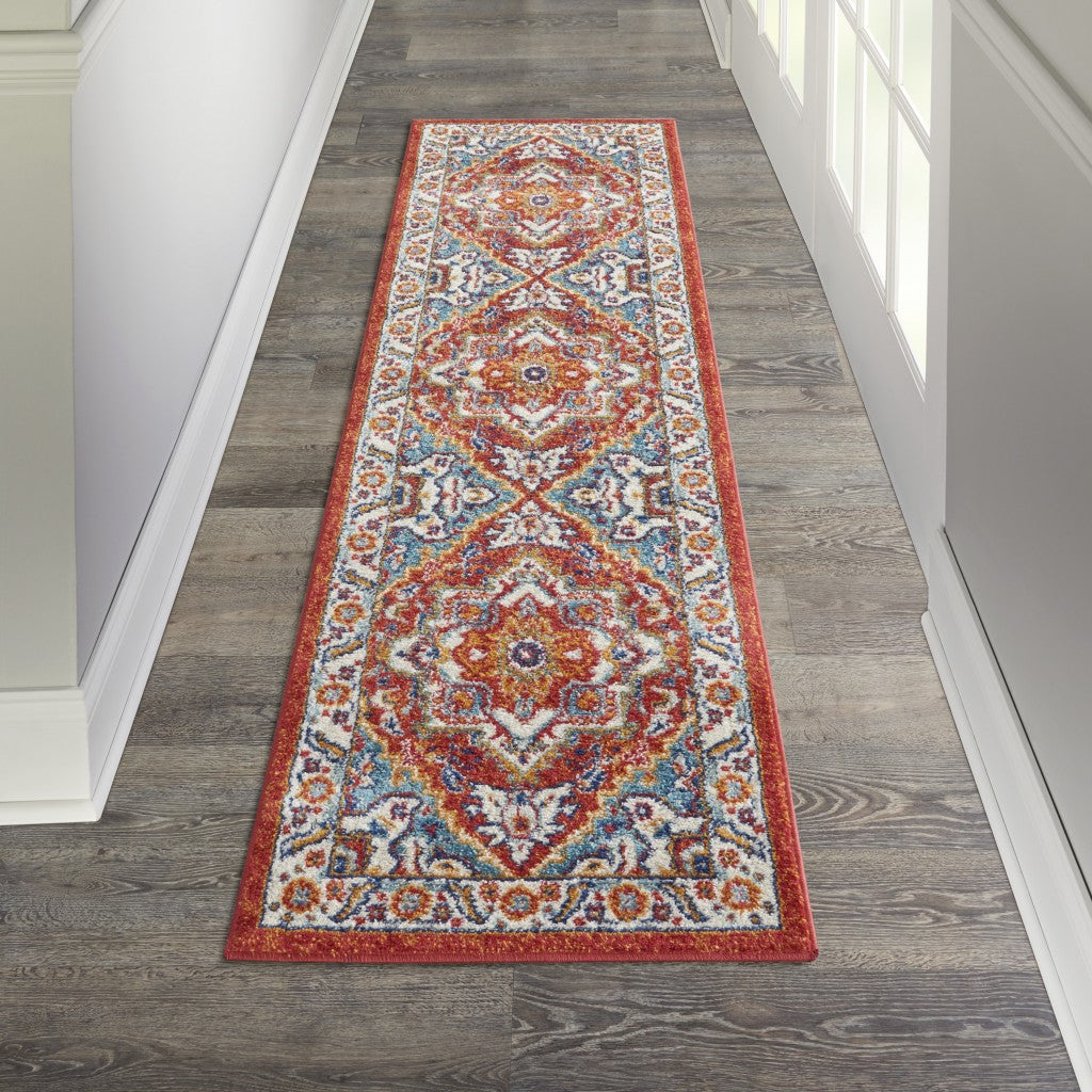 HomeRoots 2' x 8' Red and Ivory Medallion Runner Rug