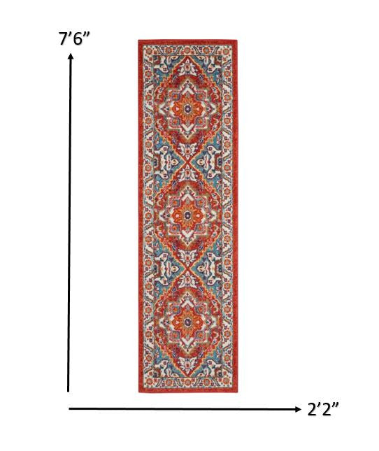 HomeRoots 2' x 8' Red and Ivory Medallion Runner Rug