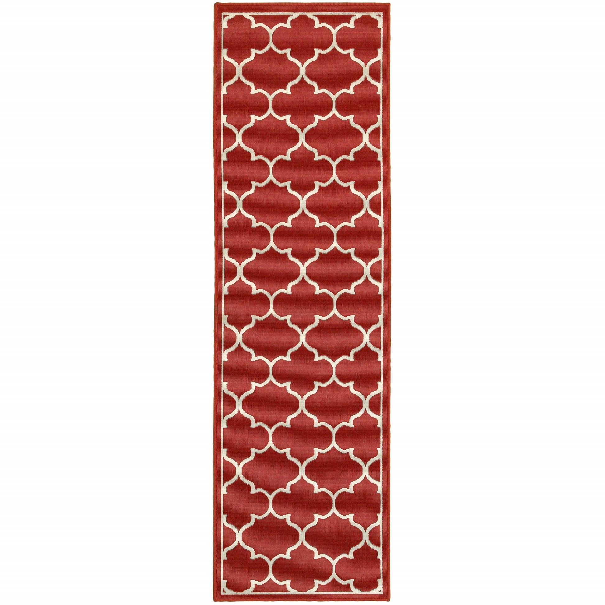 HomeRoots 2' x 8' Red and Ivory Trellis Indoor Outdoor Runner Rug